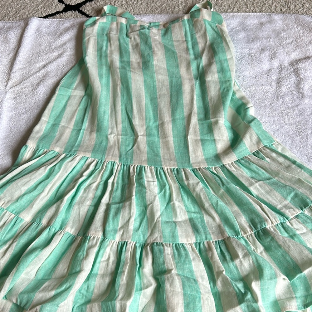 Long summer teal and white stripped dress. From Ava and Esme